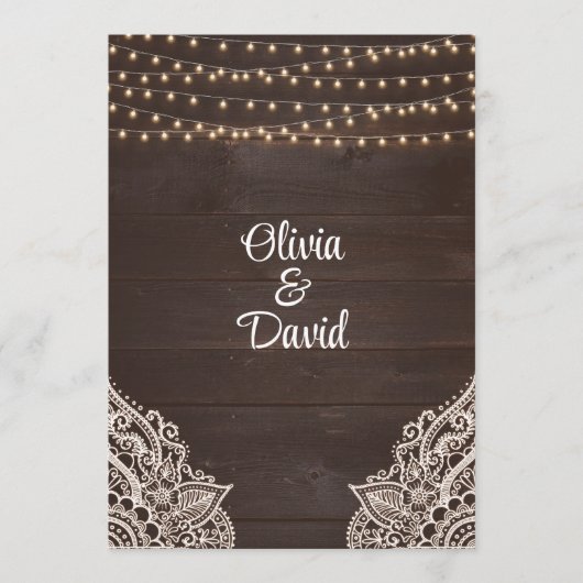 Bruin rustiek houten string licht bruiloft program programmakaart (Voorkant)
