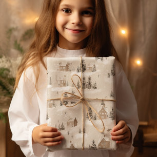 Bruin Rustiek Kerstmis Winter Village Cadeaupapier