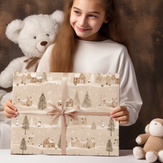 Bruin Rustiek Kerstmis Winter Village Cadeaupapier