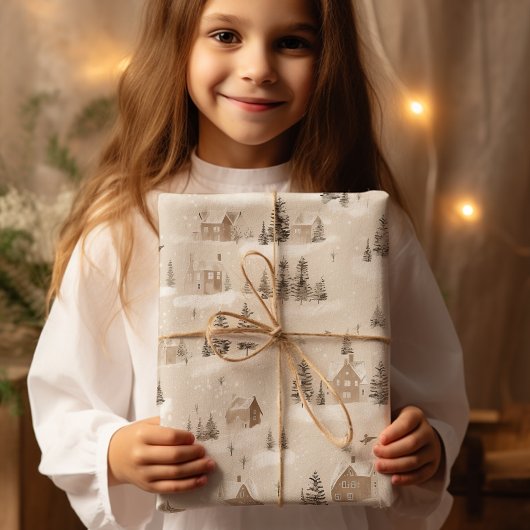 Bruin Rustiek Kerstmis Winter Village Cadeaupapier