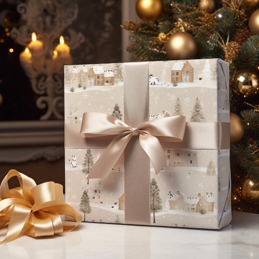 Bruin Rustiek Kerstmis Winter Village Cadeaupapier