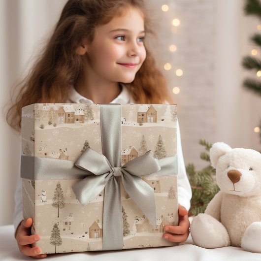 Bruin Rustiek Kerstmis Winter Village Cadeaupapier