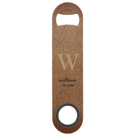 Bruin rustiek leer Monogram stijlvolle script naam Speed Flessenopener