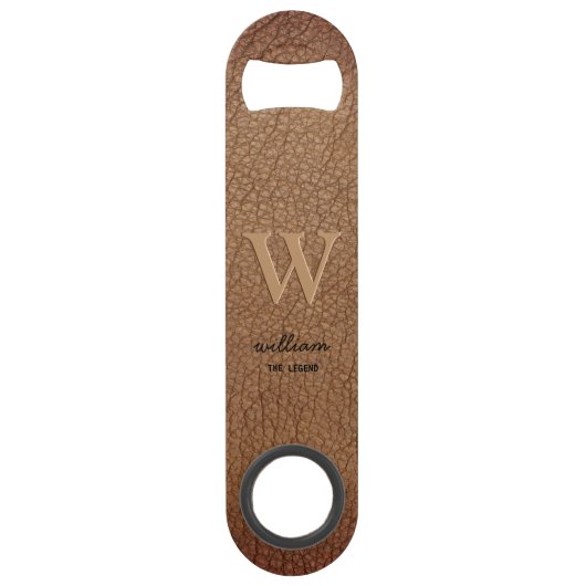 Bruin rustiek leer Monogram stijlvolle script naam Speed Flessenopener (Voorkant)