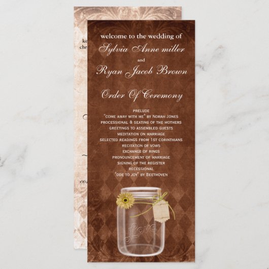 bruin rustiek metselaarpotje Bruiloft programma Programmakaart (Voorkant / Achterkant)