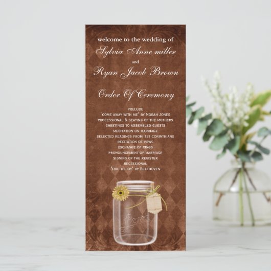 bruin rustiek metselaarpotje Bruiloft programma Programmakaart (Staand voorkant)