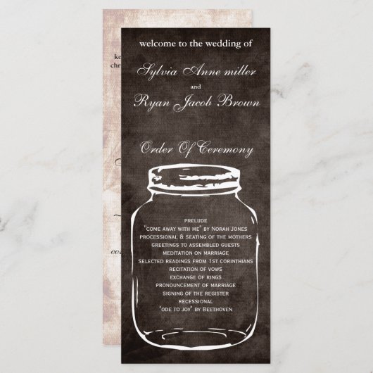 bruin rustiek metselaarpotje Bruiloft programma Programmakaart (Voorkant / Achterkant)