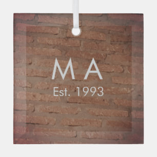 Bruin rustieke baksteen voeg naam letter jaardatum glas ornament