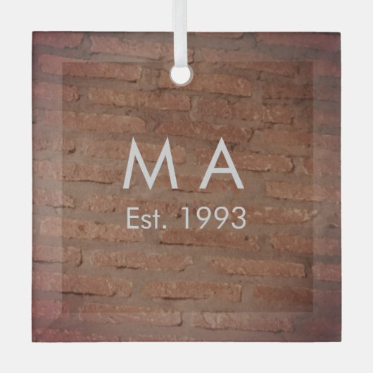 Bruin rustieke baksteen voeg naam letter jaardatum glas ornament (Voorkant)
