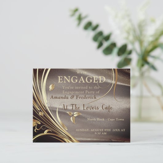 Bruin Satijn & Sparkling Flower Verloving Uitnodiging Briefkaart (Staand voorkant)