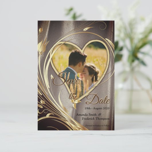 Bruin Satijn & Sprankelende Bloem Splendor Save The Date (Staand voorkant)