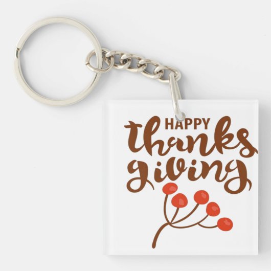 Bruin Script Gelukkig Thanksgiving Tekst Met Herfs Sleutelhanger (voorkant)