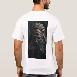 Bruin Shaman masker met veren en rood T-shirt