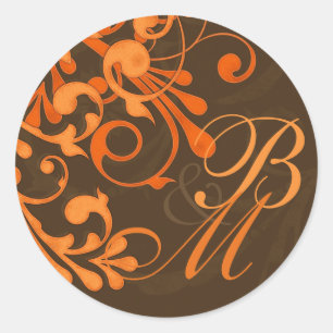 Bruin Sinaasappel Abstract Bloemen Herfst Bruiloft Ronde Sticker
