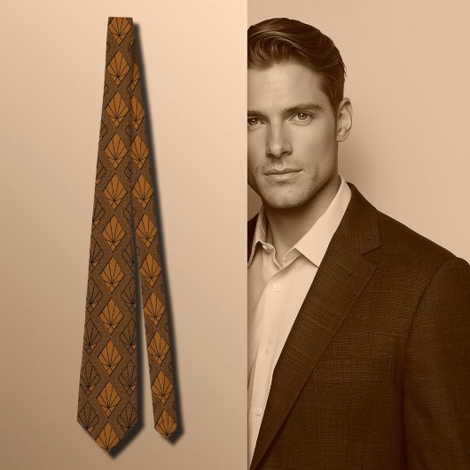 Bruin & Sinaasappel Art Deco Diamantpatroon Stropdas