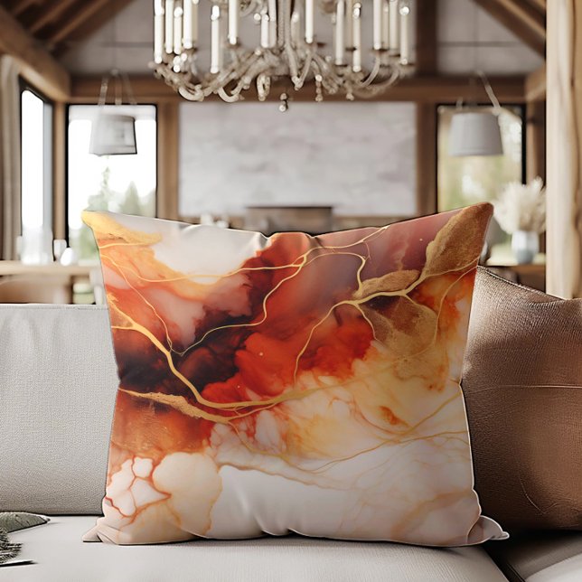 Bruin Sinaasappel gouden alcoholinkt gemarmerd Kussen (Brown, orange, and cream-colored decorator pillow )