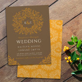 Bruin sinaasappel hand getrokken blad monogram kun kaart