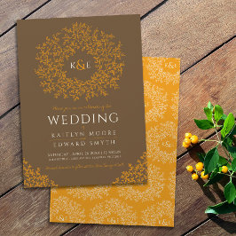 Bruin sinaasappel hand getrokken blad monogram kun kaart