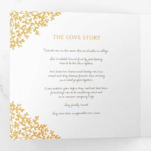 Bruin sinaasappel monogram toewijding foto bruilof drieluik programma (Binnenzijde eerst)