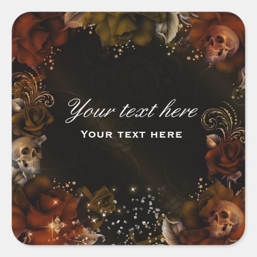 Bruin Sinaasappel Rozen + schedels Gotische Sticke Vierkante Sticker (Voorkant)
