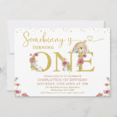 Bruin Sommige Konijntje Wildbloemen 1e Verjaardag Kaart (Voorkant)