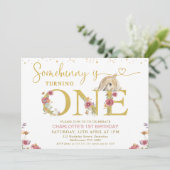 Bruin Sommige Konijntje Wildbloemen 1e Verjaardag Kaart (Staand voorkant)