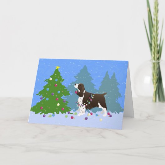 Bruin Springer-spaniel kerstboom decorreert Feestdagen Kaart (Voorkant)