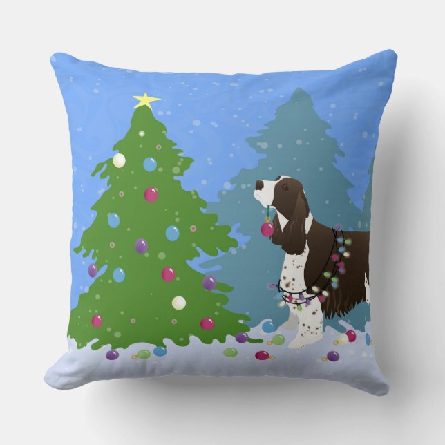 Bruin Springer-spaniel kerstboom decorreert Kussen (Voorkant)