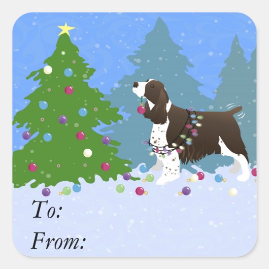 Bruin Springer-spaniel kerstboom decorreert Vierkante Sticker (Voorkant)