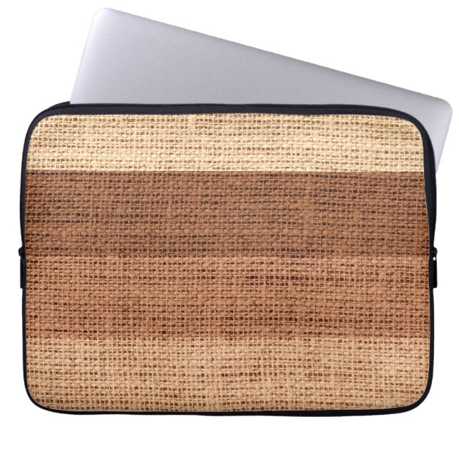 Bruin Stripes Burlap Rustic Jute Laptop Sleeve (Voorkant)