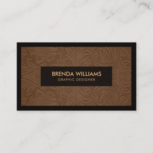 Bruin suède leer bloemmotief visitekaartje (Voorkant)
