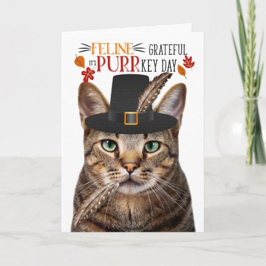 Bruin Tabby Kat Feline Dankbaar voor PURRkey Dag Feestdagen Kaart (Voorkant)