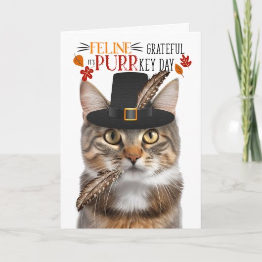 Bruin Tabby Kat Feline Dankbaar voor PURRkey Dag Feestdagen Kaart (Voorkant)
