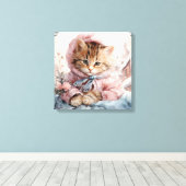 Bruin tabby kitten gekleed in roze in een venster canvas afdruk (Insitu (Houten vloer))