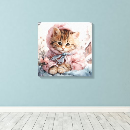 Bruin tabby kitten gekleed in roze in een venster canvas afdruk (Insitu (Houten vloer))