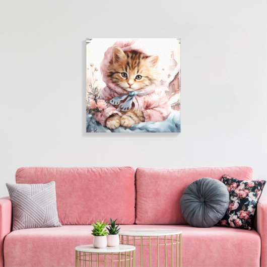 Bruin tabby kitten gekleed in roze in een venster canvas afdruk (Insitu (Woonkamer))