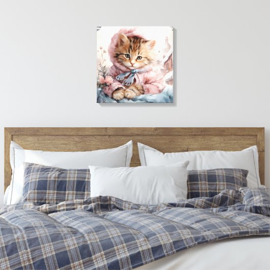 Bruin tabby kitten gekleed in roze in een venster canvas afdruk (Insitu (Slaapkamer))
