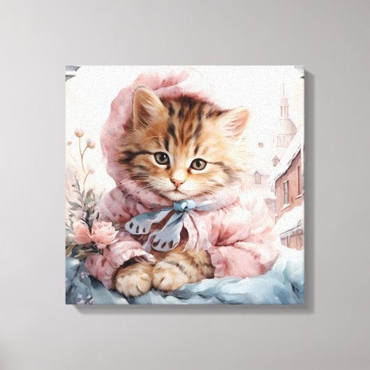 Bruin tabby kitten gekleed in roze in een venster canvas afdruk (Voorkant)
