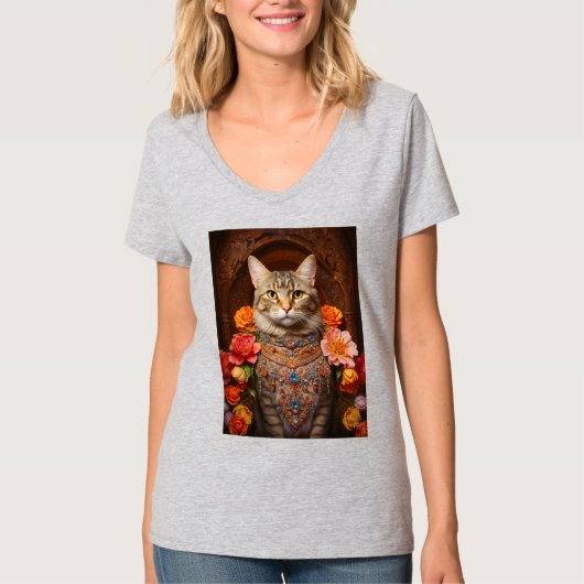 Bruin Tabby met bloemen en Victoriaans stijl T-shirt (Voorkant)