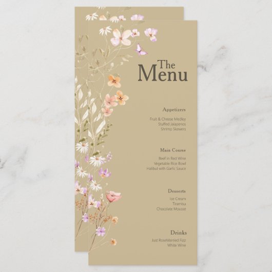 Bruin Tan Bloemen Wedding Event Menu Tafel Decor (Voorkant / Achterkant)