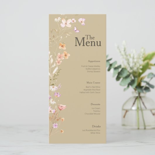 Bruin Tan Bloemen Wedding Event Menu Tafel Decor (Staand voorkant)