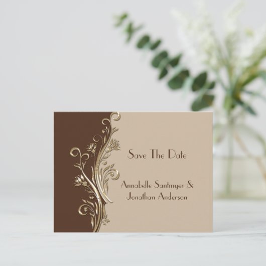 bruin tan gouden wervels save the date aankondigingskaart (Staand voorkant)