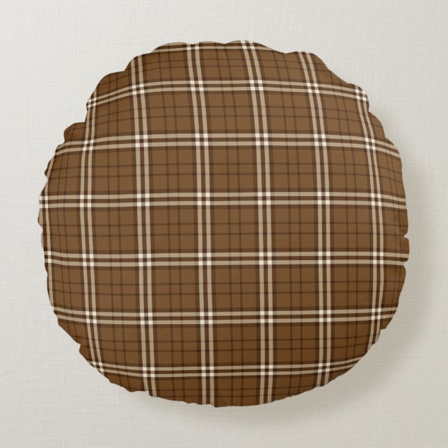 Bruin Tartan Rond Kussen (Voorkant)