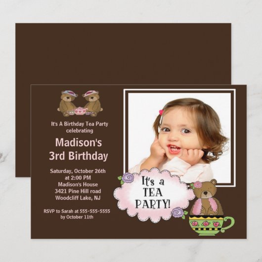 Bruin Tea Party Foto van Birthday Party Kaart (Voorkant / Achterkant)