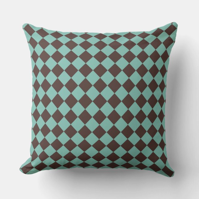 Bruin Teal Geruit Diamantpatroon  Kussen (Voorkant)