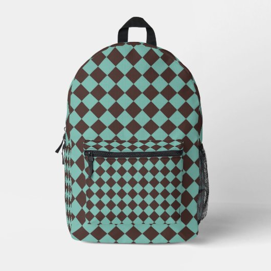 Bruin Teal Geruite Diamant Patroon Bedrukte Rugzak (Voorkant)