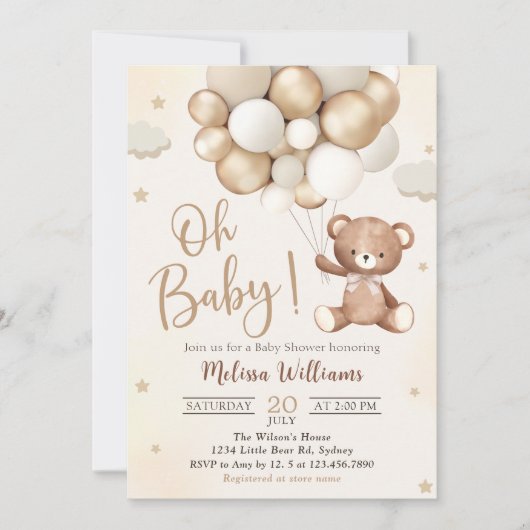 Bruin Teddy Bear Balloons Baby shower Kaart (Voorkant)