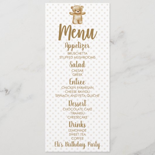 Bruin Teddy Bear Polka Dots Birthday Food Menu (Voorkant)