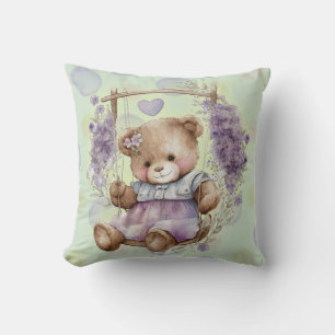 Bruin Teddy Bear zwaait lavender dress en Polka Kussen