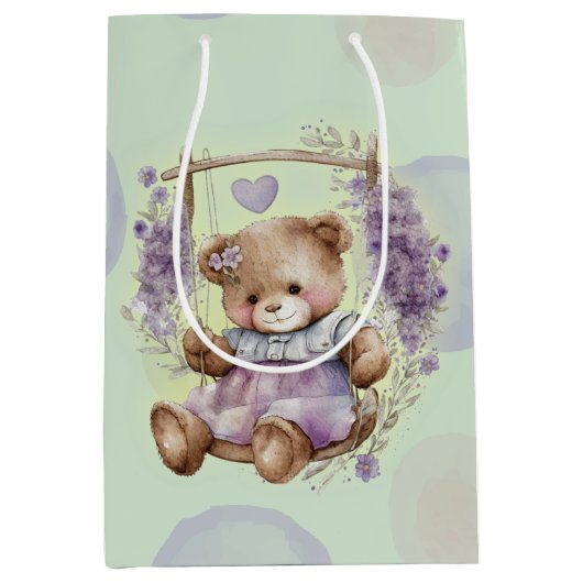 Bruin Teddy Bear zwaait lavender dress en Polka Medium Cadeauzakje (Voorkant)